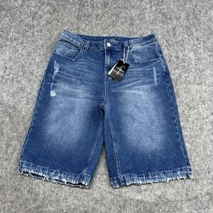 Flamingals Shorts Womens XL Blue Denim Bermuda Distressed Frayed Hem Casual NEW